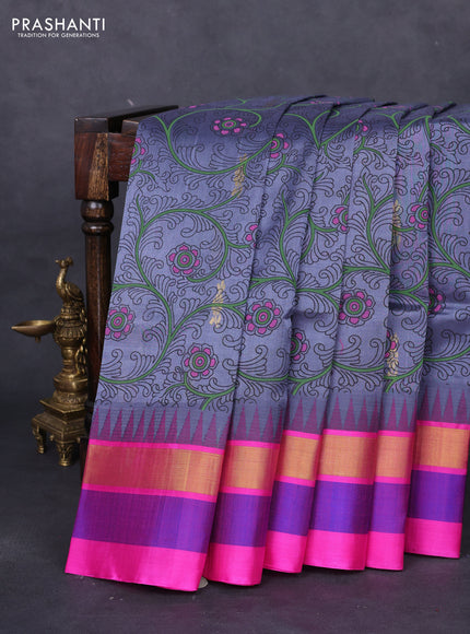 Silk cotton saree grey and pink with allover kalamkari prints and temple design zari woven simple border