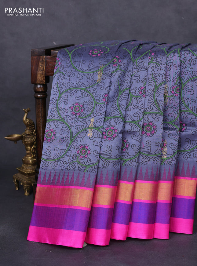 Silk cotton saree grey and pink with allover kalamkari prints and temple design zari woven simple border