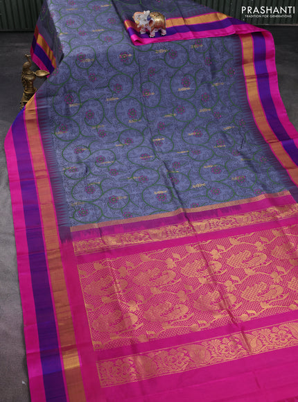 Silk cotton saree grey and pink with allover kalamkari prints and temple design zari woven simple border