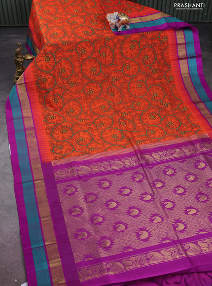 Silk cotton saree orange and purple with allover kalamkari prints and temple design zari woven simple border