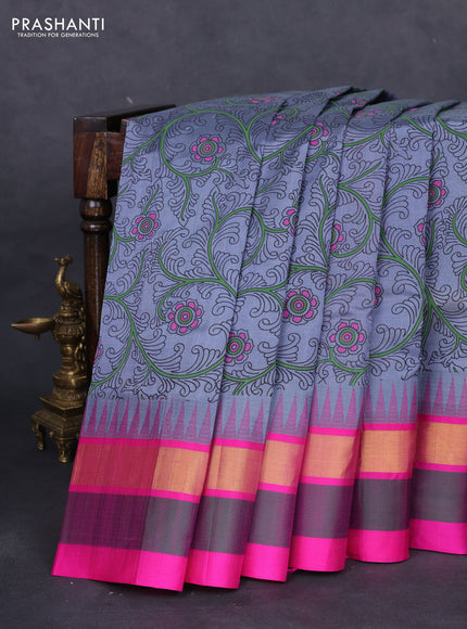 Silk cotton saree grey and pink with allover kalamkari prints and temple design zari woven simple border