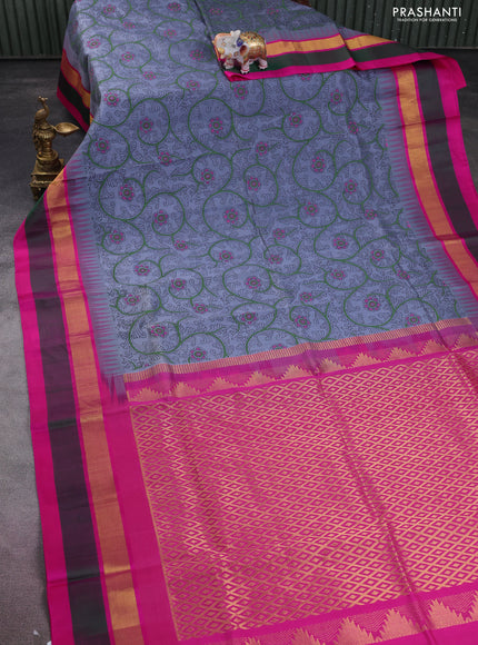 Silk cotton saree grey and pink with allover kalamkari prints and temple design zari woven simple border