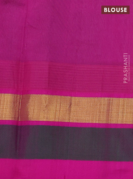 Silk cotton saree grey and pink with allover kalamkari prints and temple design zari woven simple border