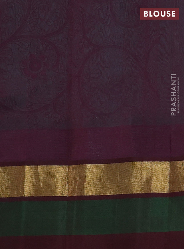 Silk cotton saree teal blue and deep maroon with allover kalamkari prints and temple design zari woven simple border