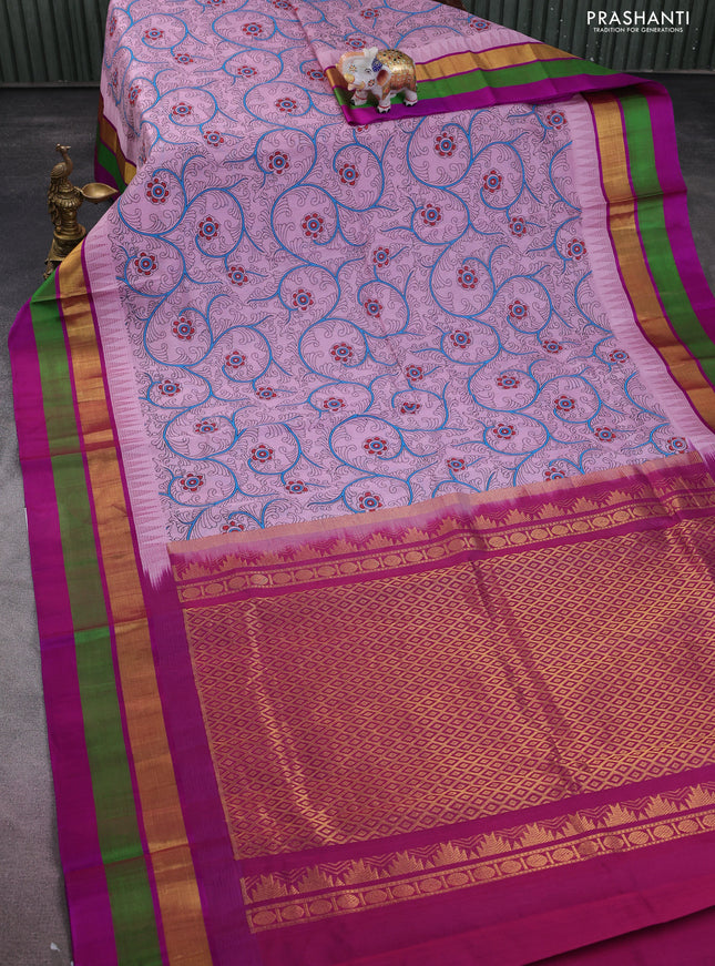 Silk cotton saree pastel pink and purple with allover kalamkari prints and temple design zari woven simple border