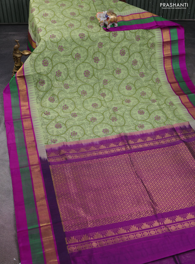 Silk cotton saree pista green and purple with allover kalamkari prints and temple design zari woven simple border