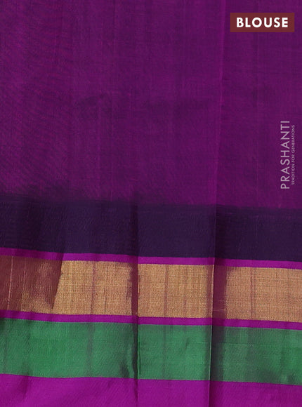 Silk cotton saree pista green and purple with allover kalamkari prints and temple design zari woven simple border