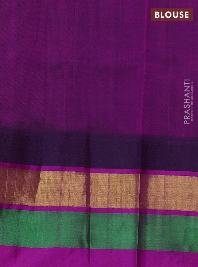 Silk cotton saree pista green and purple with allover kalamkari prints and temple design zari woven simple border
