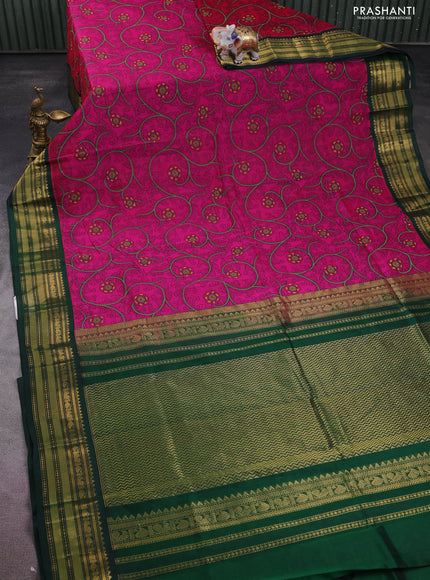 Silk cotton saree magenta pink and dark green with allover kalamkari prints and zari woven korvai border