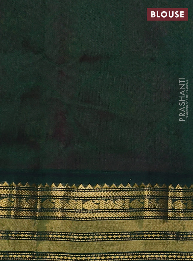 Silk cotton saree magenta pink and dark green with allover kalamkari prints and zari woven korvai border