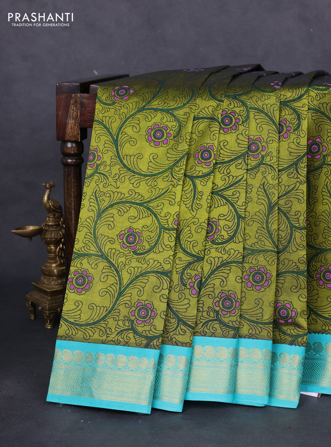 Silk cotton saree mehendi green and teal blue with allover kalamkari prints and zari woven korvai border