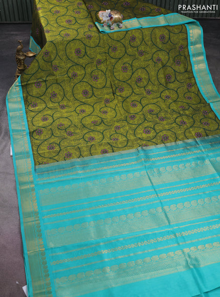 Silk cotton saree mehendi green and teal blue with allover kalamkari prints and zari woven korvai border