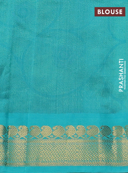 Silk cotton saree mehendi green and teal blue with allover kalamkari prints and zari woven korvai border