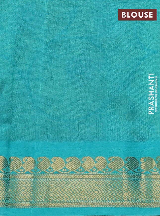 Silk cotton saree mehendi green and teal blue with allover kalamkari prints and zari woven korvai border