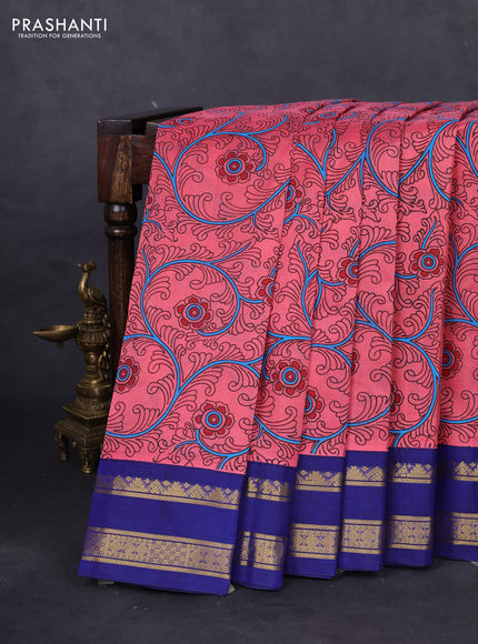 Silk cotton saree peach pink and blue with allover kalamkari prints and rettapet zari woven korvai border