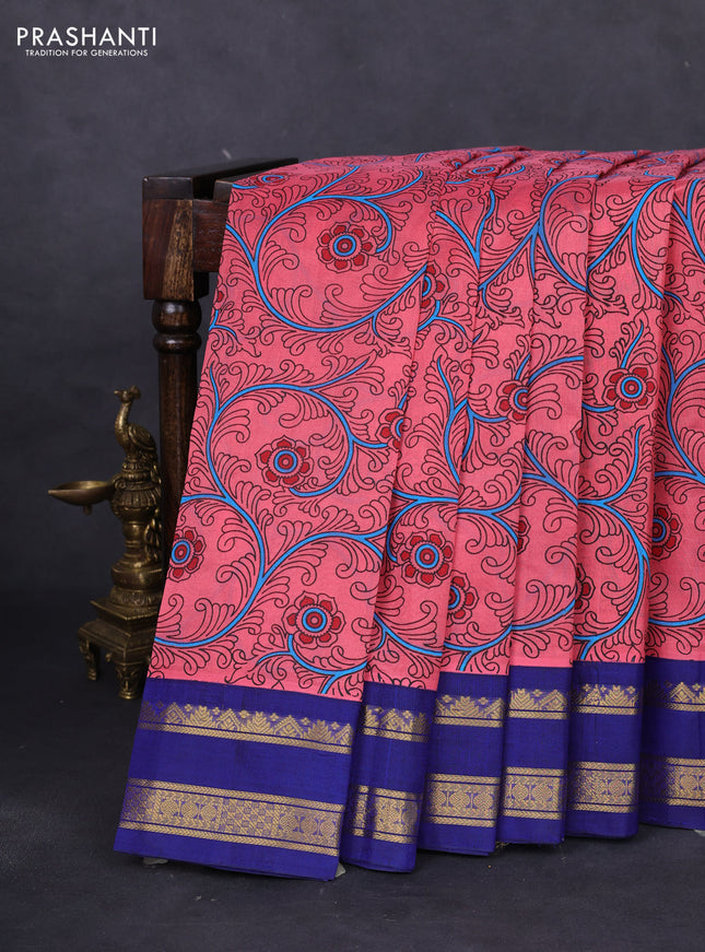 Silk cotton saree peach pink and blue with allover kalamkari prints and rettapet zari woven korvai border