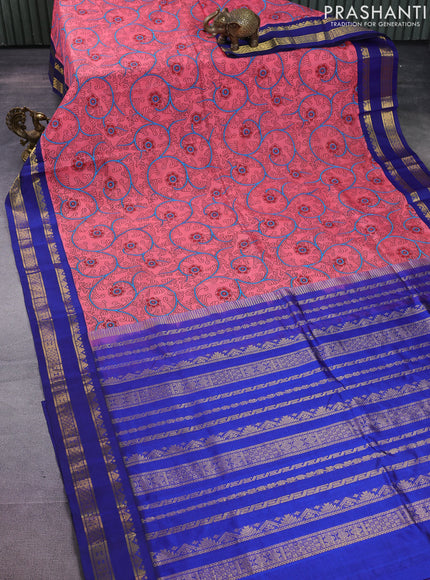 Silk cotton saree peach pink and blue with allover kalamkari prints and rettapet zari woven korvai border
