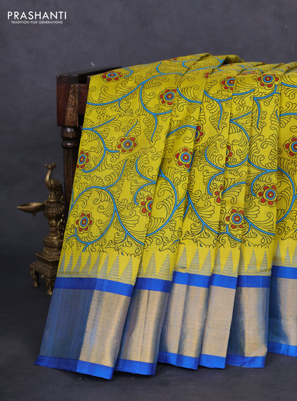 Silk cotton saree lime yellow and cs blue with allover kalamkari prints and temple design zari woven simple border