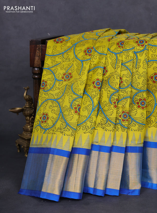 Silk cotton saree lime yellow and cs blue with allover kalamkari prints and temple design zari woven simple border