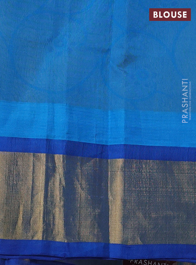 Silk cotton saree lime yellow and cs blue with allover kalamkari prints and temple design zari woven simple border