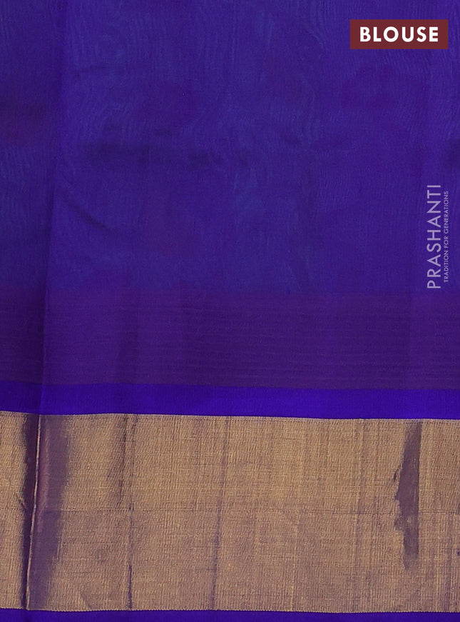 Silk cotton saree teal blue and blue with allover kalamkari prints and temple design zari woven simple border