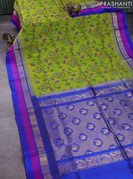Silk cotton saree mehendi green and blue with allover kalamkari prints and temple design zari woven simple border