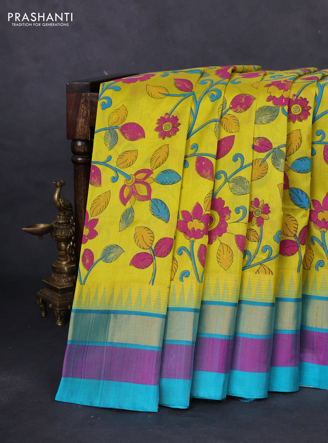 Silk cotton saree yellow and teal blue with allover kalamkari prints and temple design zari woven simple border