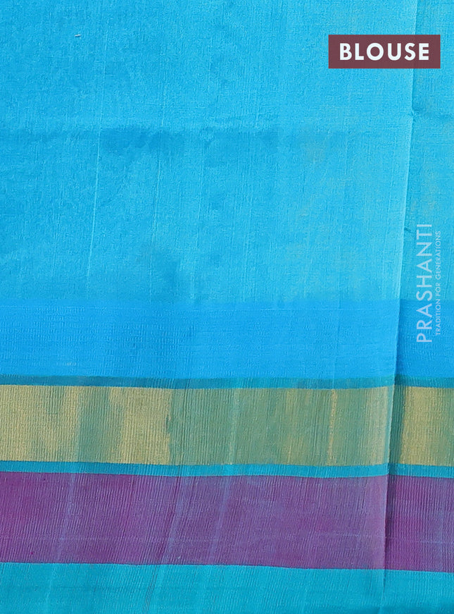 Silk cotton saree yellow and teal blue with allover kalamkari prints and temple design zari woven simple border