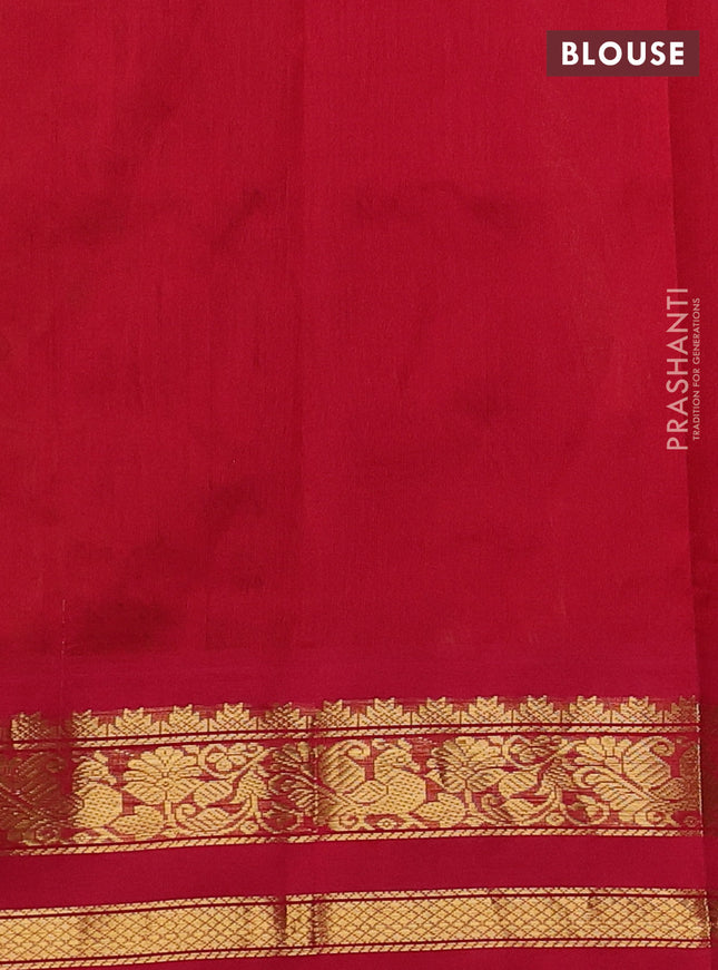 Silk cotton saree mango yellow and red with allover kalamkari prints and zari woven korvai border