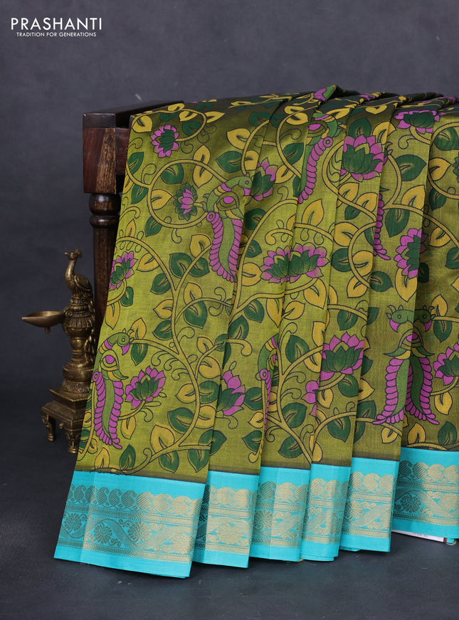 Silk cotton saree light green and teal blue with allover kalamkari prints and zari woven korvai border