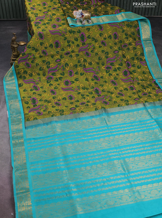 Silk cotton saree light green and teal blue with allover kalamkari prints and zari woven korvai border