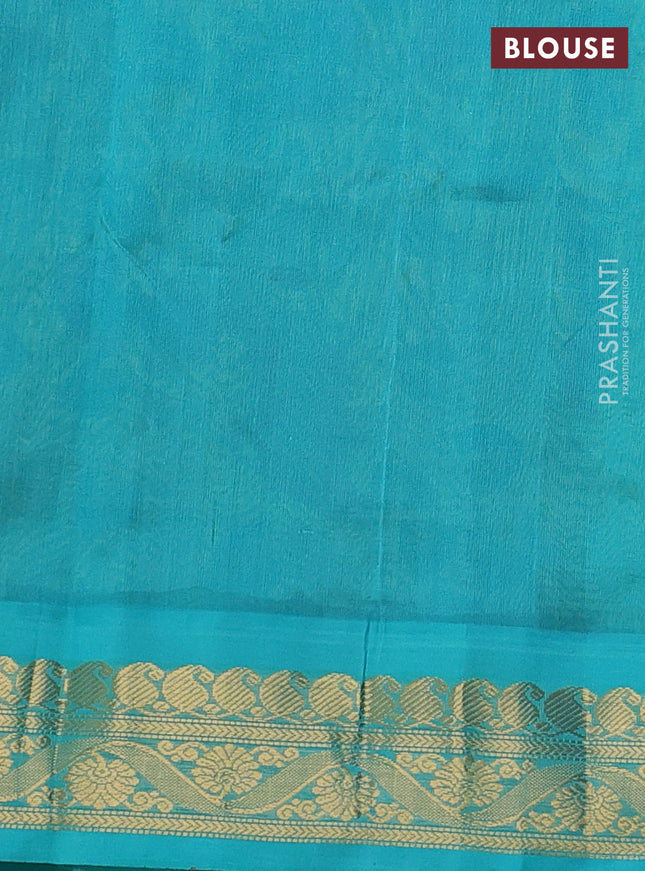 Silk cotton saree light green and teal blue with allover kalamkari prints and zari woven korvai border