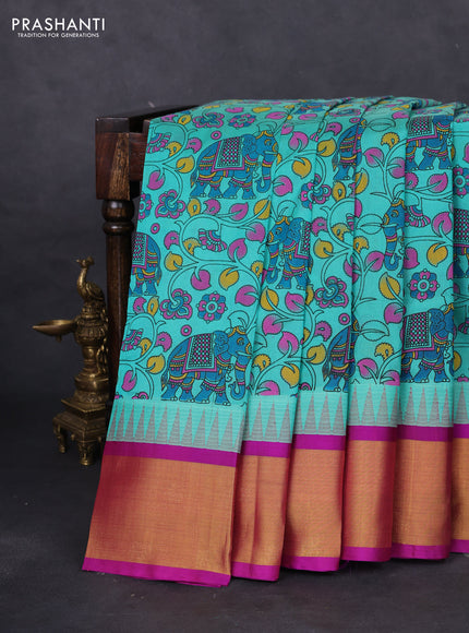 Silk cotton saree teal blue and purple with allover kalamkari prints and temple design zari woven border