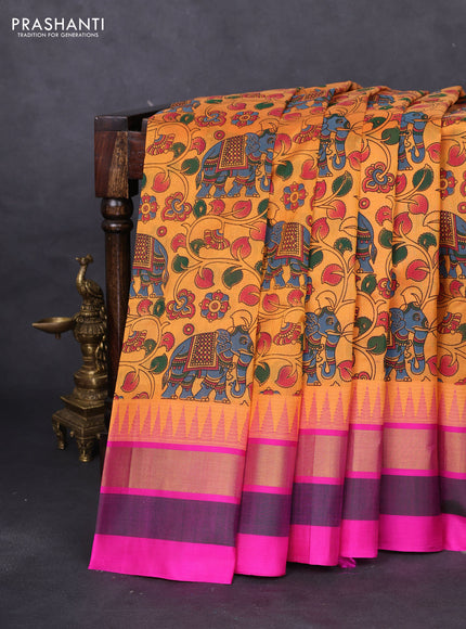 Silk cotton saree orange and pink with allover kalamkari prints and temple design zari woven simple border