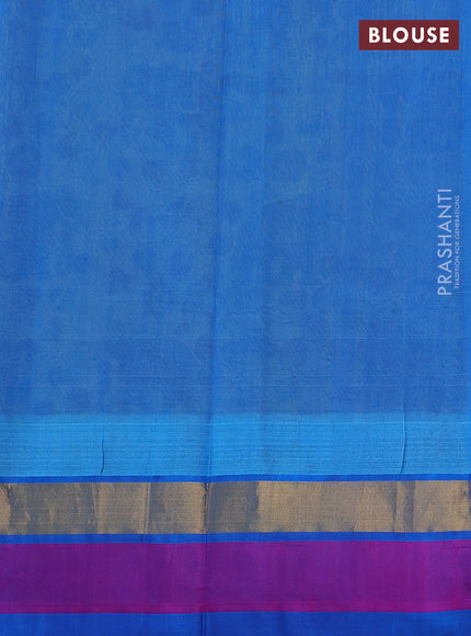 Silk cotton saree yellow and cs blue with allover kalamkari prints and temple design zari woven simple border