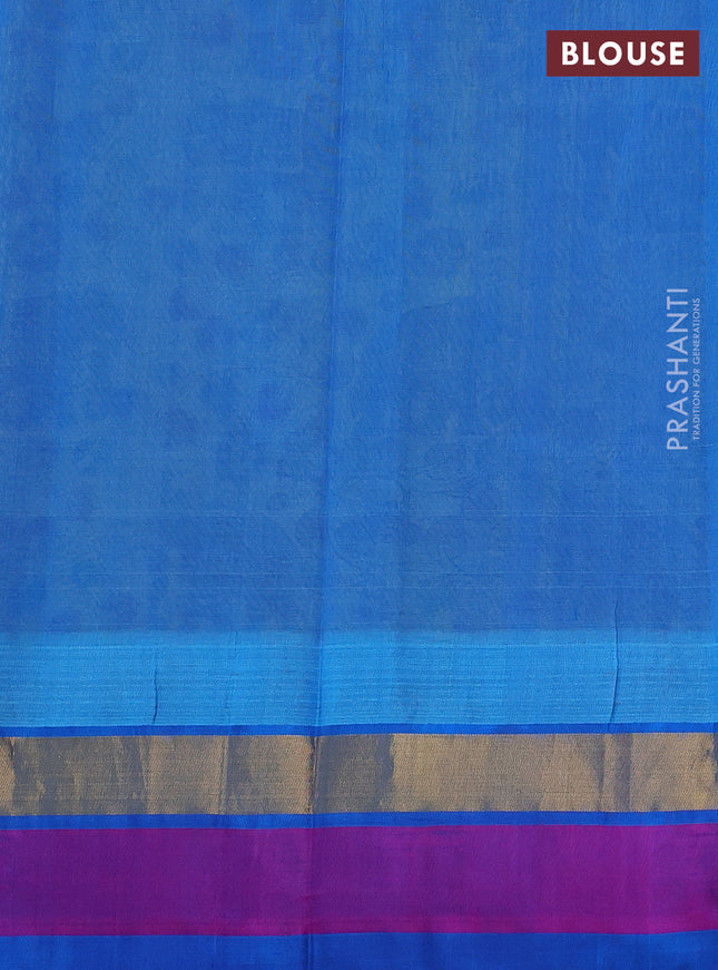 Silk cotton saree yellow and cs blue with allover kalamkari prints and temple design zari woven simple border