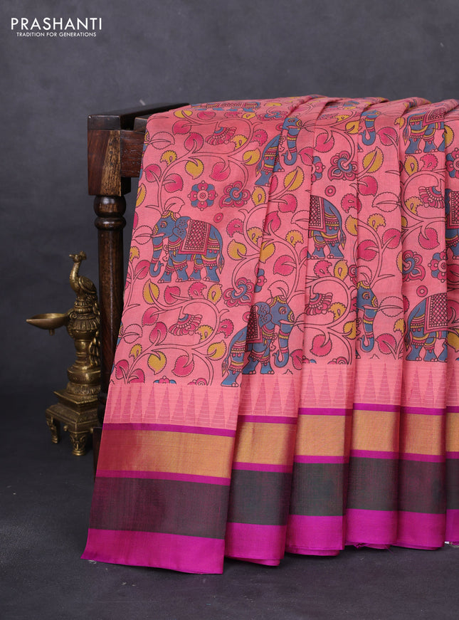 Silk cotton saree peach shade and purple with allover kalamkari prints and temple design zari woven simple border