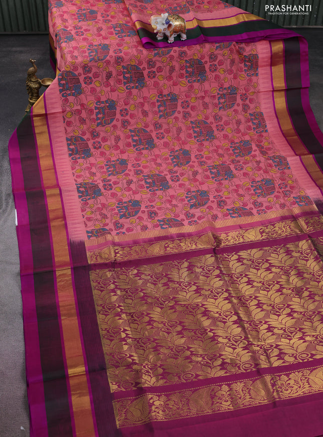 Silk cotton saree peach shade and purple with allover kalamkari prints and temple design zari woven simple border