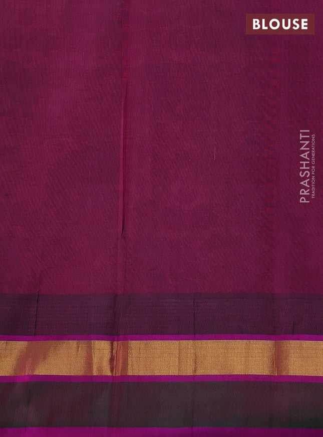 Silk cotton saree peach shade and purple with allover kalamkari prints and temple design zari woven simple border