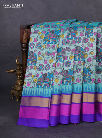 Silk cotton saree teal blue and violet shade with allover kalamkari prints and temple design zari woven simple border