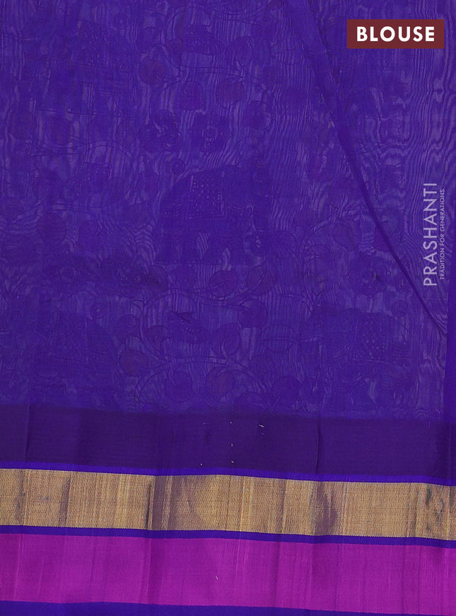 Silk cotton saree teal blue and violet shade with allover kalamkari prints and temple design zari woven simple border