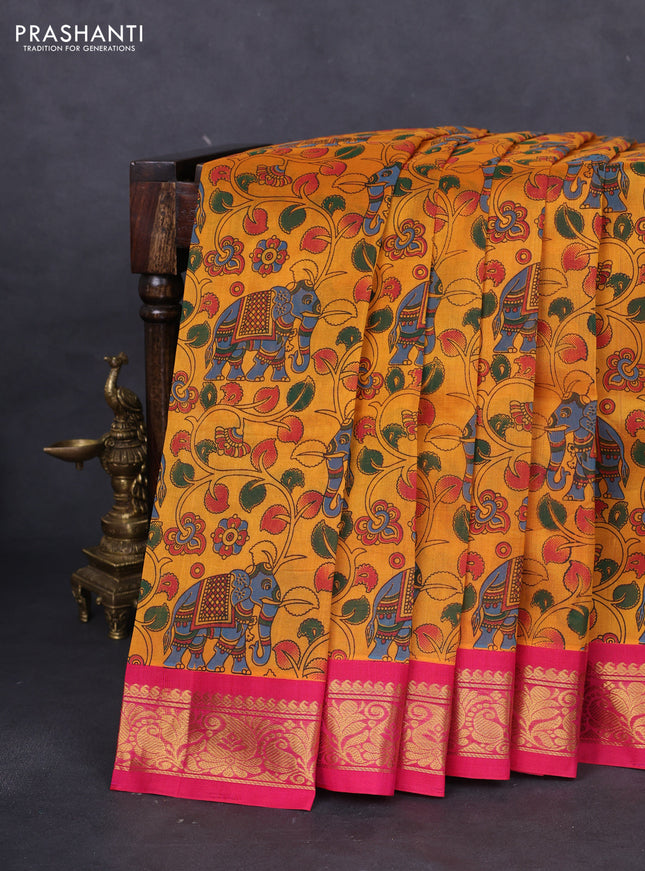 Silk cotton saree mango yellow and pink with allover kalamkari prints and zari woven korvai border