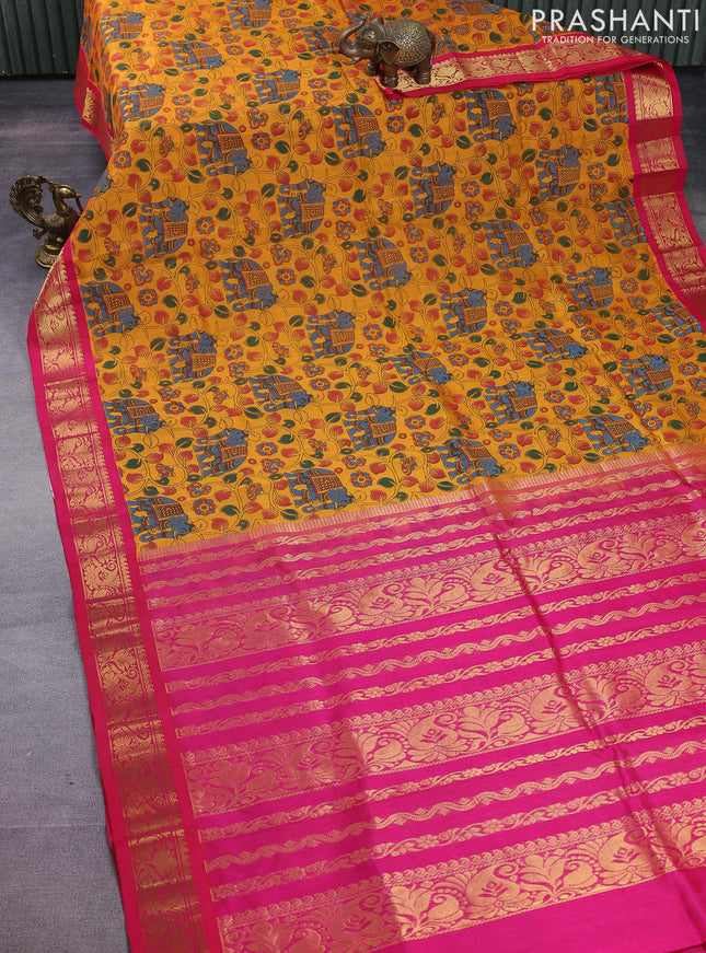Silk cotton saree mango yellow and pink with allover kalamkari prints and zari woven korvai border