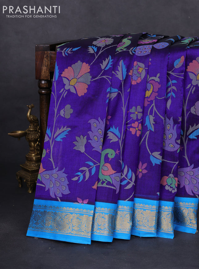 Silk cotton saree blue and cs blue with allover kalamkari prints and zari woven korvai border