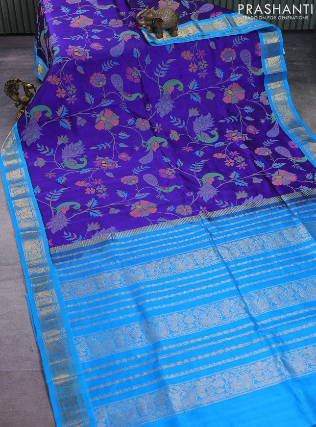 Silk cotton saree blue and cs blue with allover kalamkari prints and zari woven korvai border