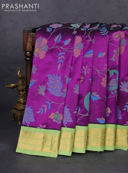 Silk cotton saree purple and light green with allover kalamkari prints and zari woven korvai border