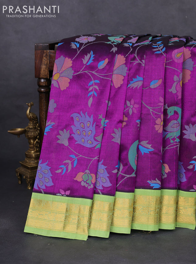 Silk cotton saree purple and light green with allover kalamkari prints and zari woven korvai border