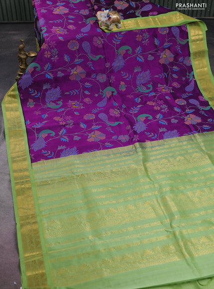 Silk cotton saree purple and light green with allover kalamkari prints and zari woven korvai border