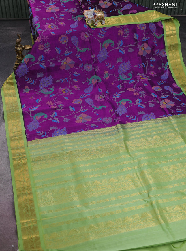 Silk cotton saree purple and light green with allover kalamkari prints and zari woven korvai border