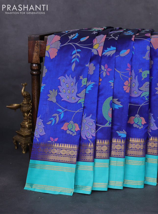 Silk cotton saree blue and teal green shade with allover kalamkari prints and rettapet zari woven border